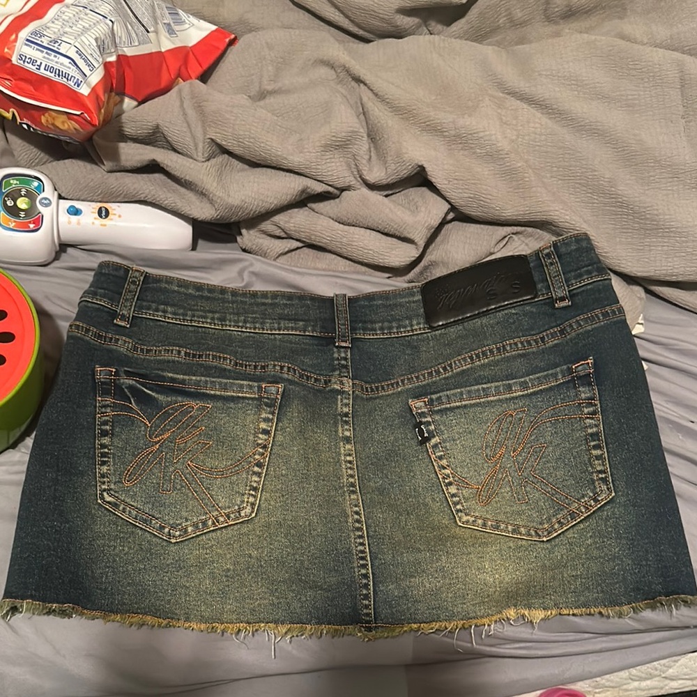 Denim Mini Skirt with Embroidered Pockets